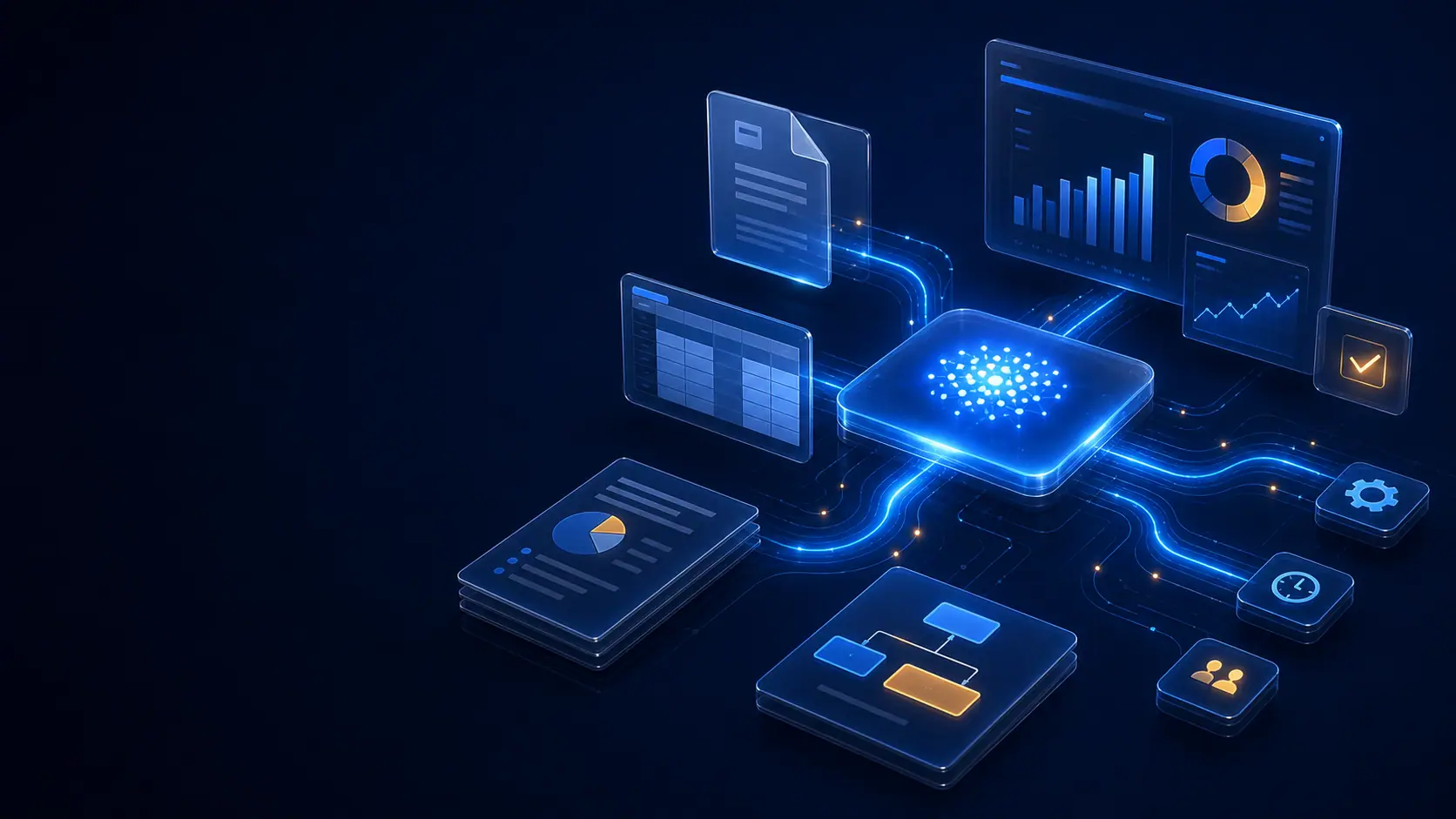 Flujo de inteligencia artificial conectando reportes, planillas y automatizaciones